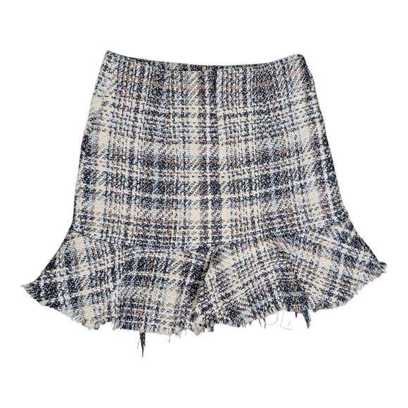 Chunky Tweed Distressed Plaid Trumpet Mini Skirt Sz XS mi ami Raw Hem - Picture 5 of 10